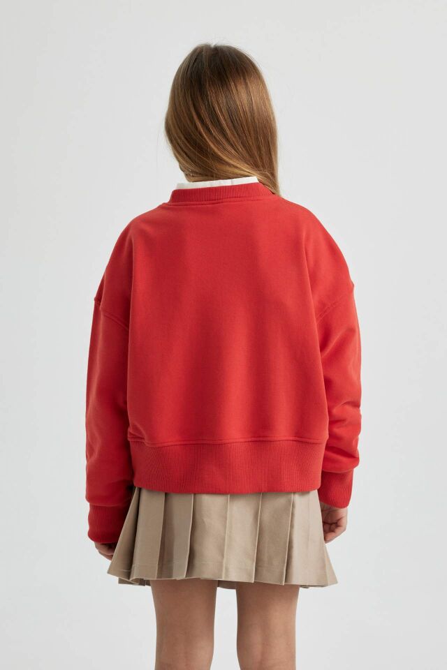 Kız Çocuk Crop Bisiklet Yaka Baskılı Sweatshirt