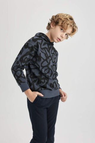 Erkek Çocuk Oversize Geniş Kalıp Desenli Kapüşonlu Sweatshirt