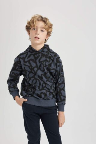 Erkek Çocuk Oversize Geniş Kalıp Desenli Kapüşonlu Sweatshirt