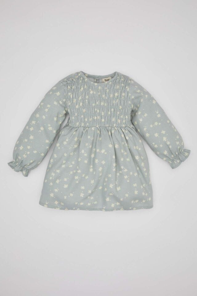 Kız Bebek Çiçekli Uzun Kollu Twill Elbise