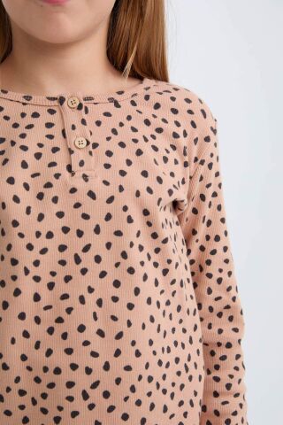Kız Çocuk Pijama Takımı Fitilli Kaşkorse Desenli Bisiklet Yaka Uzun Kollu Üst Uzun Alt