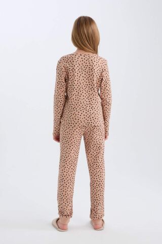 Kız Çocuk Pijama Takımı Fitilli Kaşkorse Desenli Bisiklet Yaka Uzun Kollu Üst Uzun Alt