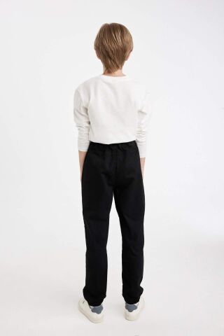 Erkek Çocuk Beli Bağcıklı Lastikli Paça Cepli Basic Düz Siyah Jogger Gabardin Pantolon