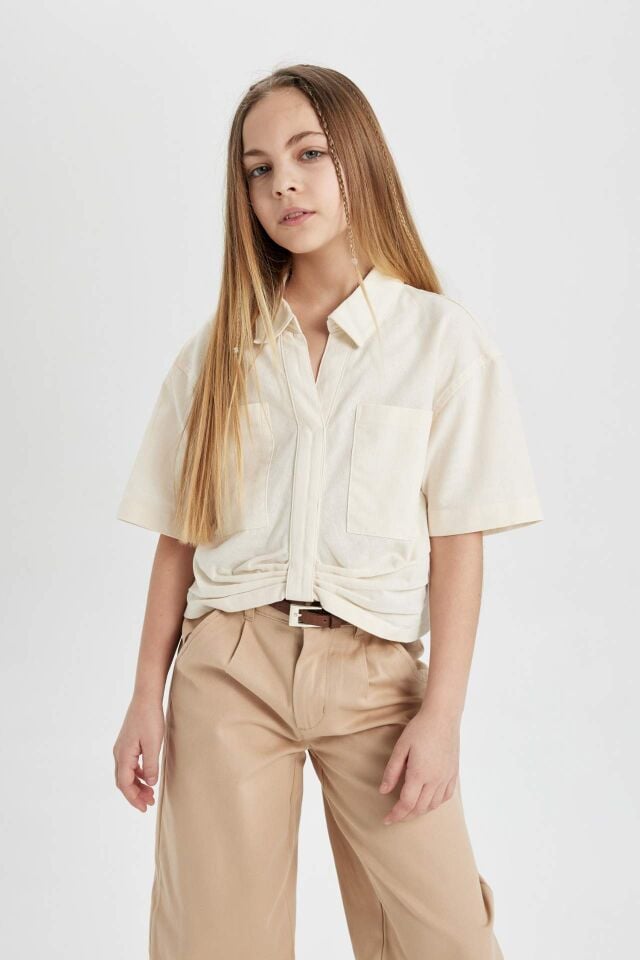 Kız Çocuk Cropped Fit Pamuklu Kısa Kollu Gömlek