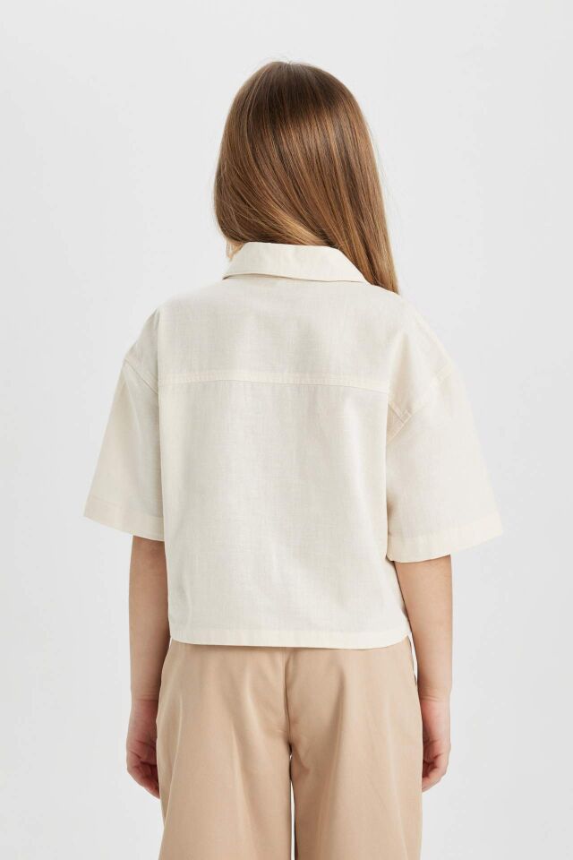 Kız Çocuk Cropped Fit Pamuklu Kısa Kollu Gömlek
