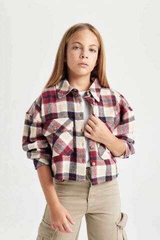 Kız Çocuk Relax Fit Kareli Uzun Kollu Crop Gömlek