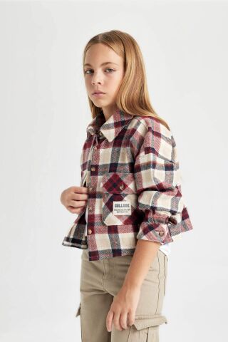 Kız Çocuk Relax Fit Kareli Uzun Kollu Crop Gömlek