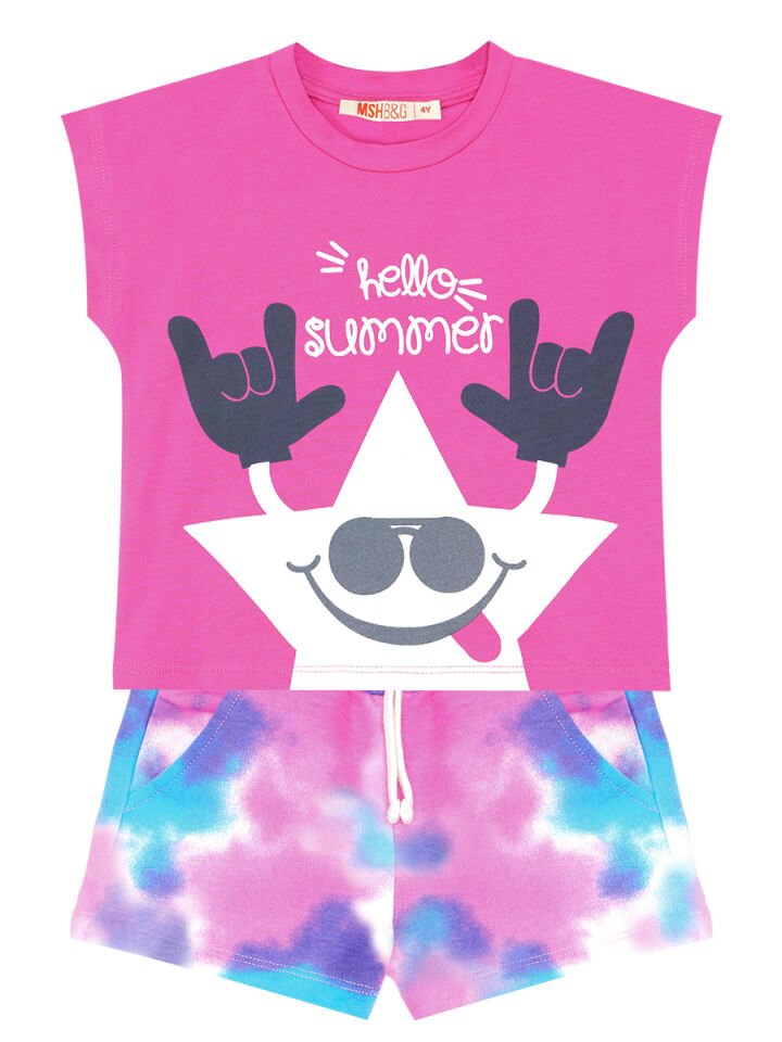 Yıldızlı Batik Kız Çocuk T-shirt Şort Takım 8 Y - Pembe, Mavi