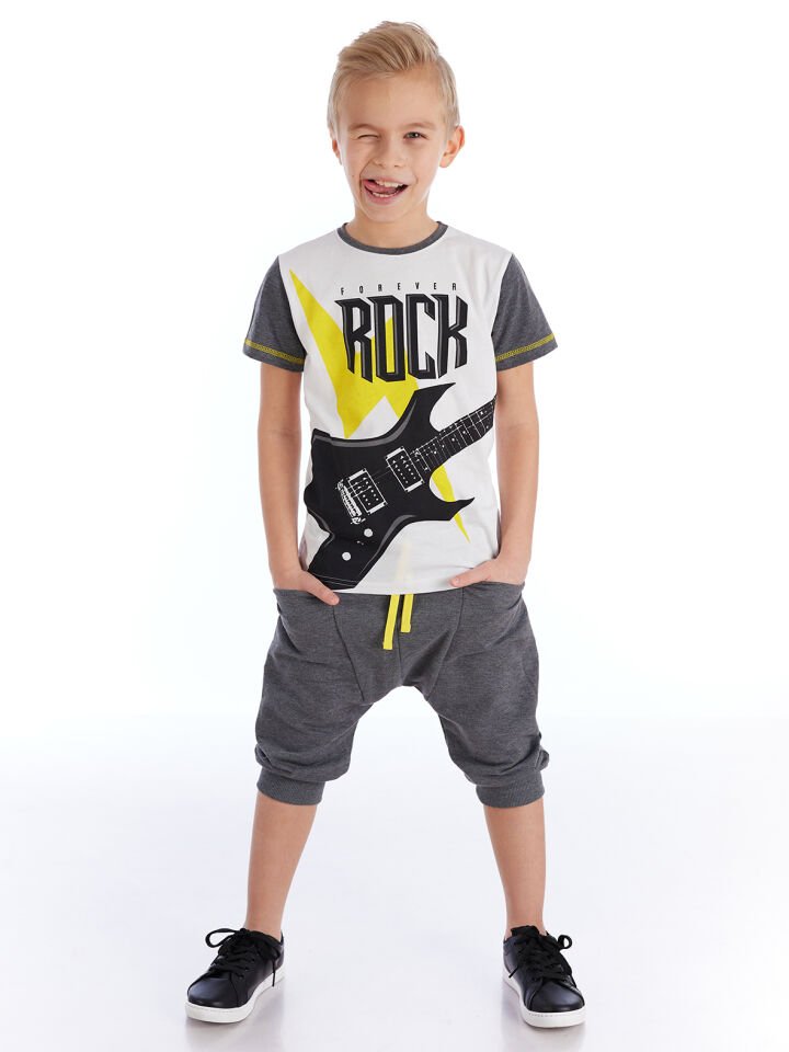 Thunder Rock Erkek Çocuk T-shirt Kapri Şort Takım 7 Y - Beyaz, Gri