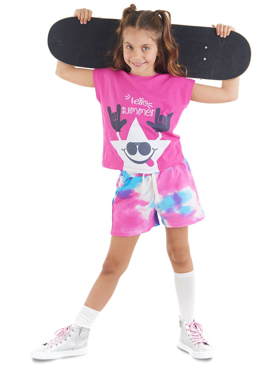 Yıldızlı Batik Kız Çocuk T-shirt Şort Takım 9 Y - Pembe, Mavi