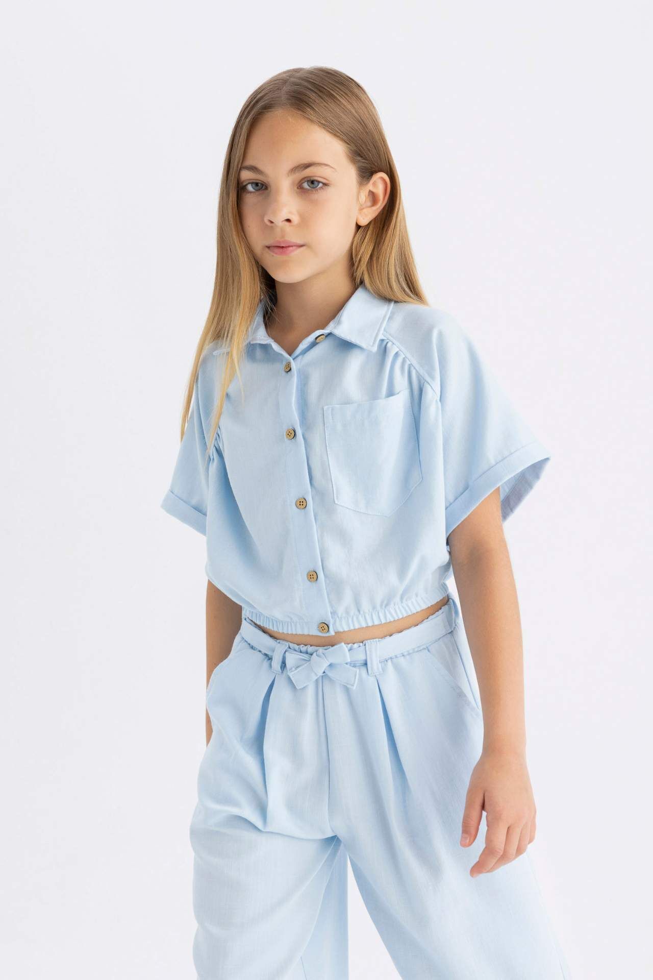 Kız Çocuk Cropped Fit Pamuklu Kısa Kollu Gömlek