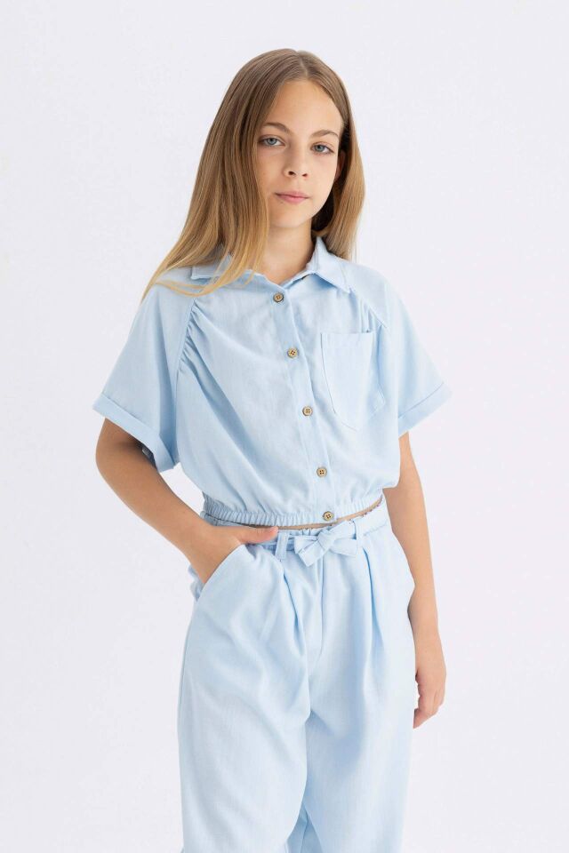Kız Çocuk Cropped Fit Pamuklu Kısa Kollu Gömlek