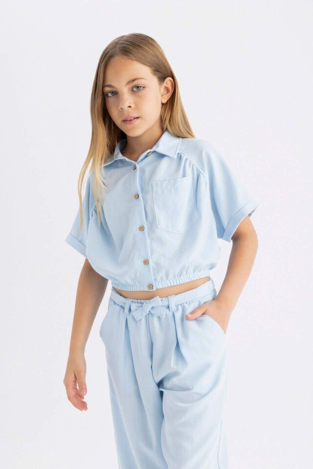 Kız Çocuk Cropped Fit Pamuklu Kısa Kollu Gömlek