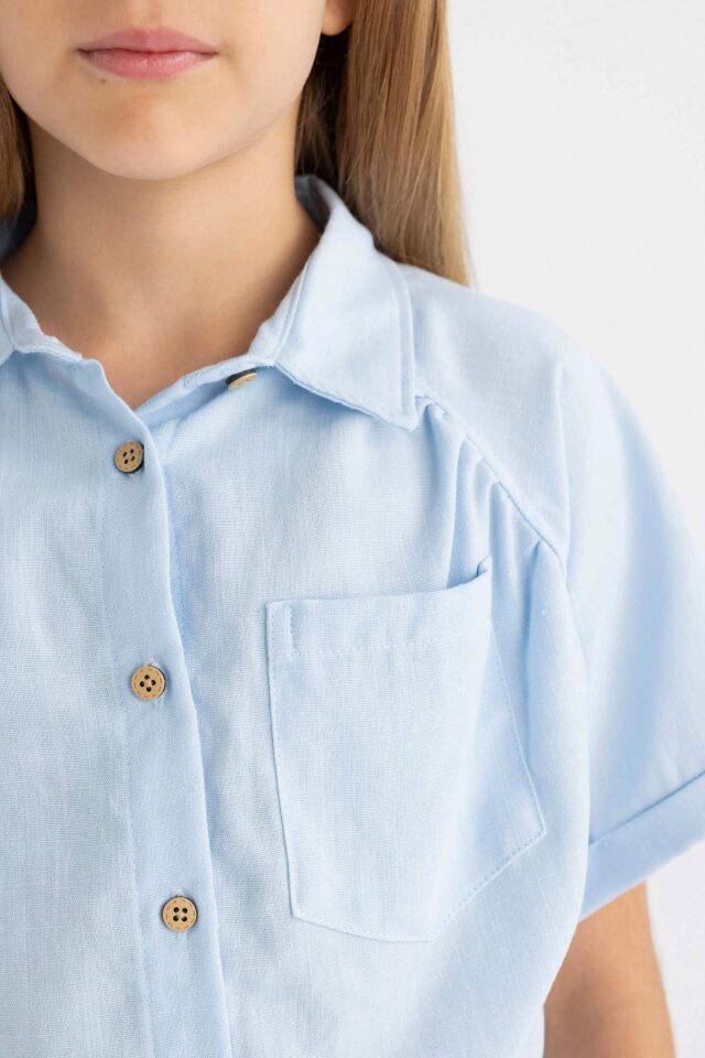 Kız Çocuk Cropped Fit Pamuklu Kısa Kollu Gömlek