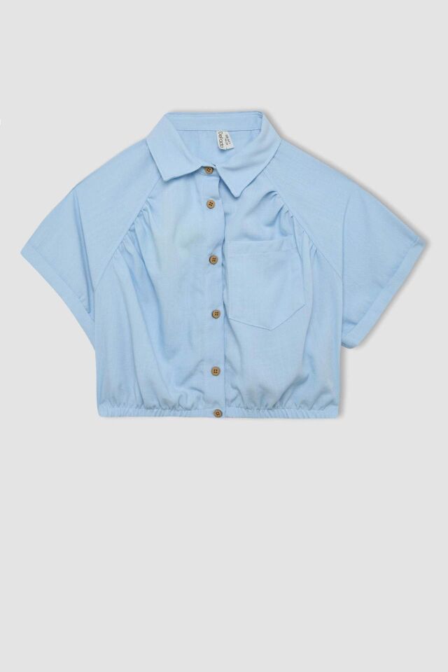Kız Çocuk Cropped Fit Pamuklu Kısa Kollu Gömlek