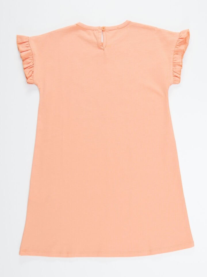 Çiçekli Kedi Pamuklu Kız Çocuk Somon Elbise