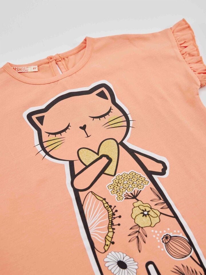 Çiçekli Kedi Pamuklu Kız Çocuk Somon Elbise