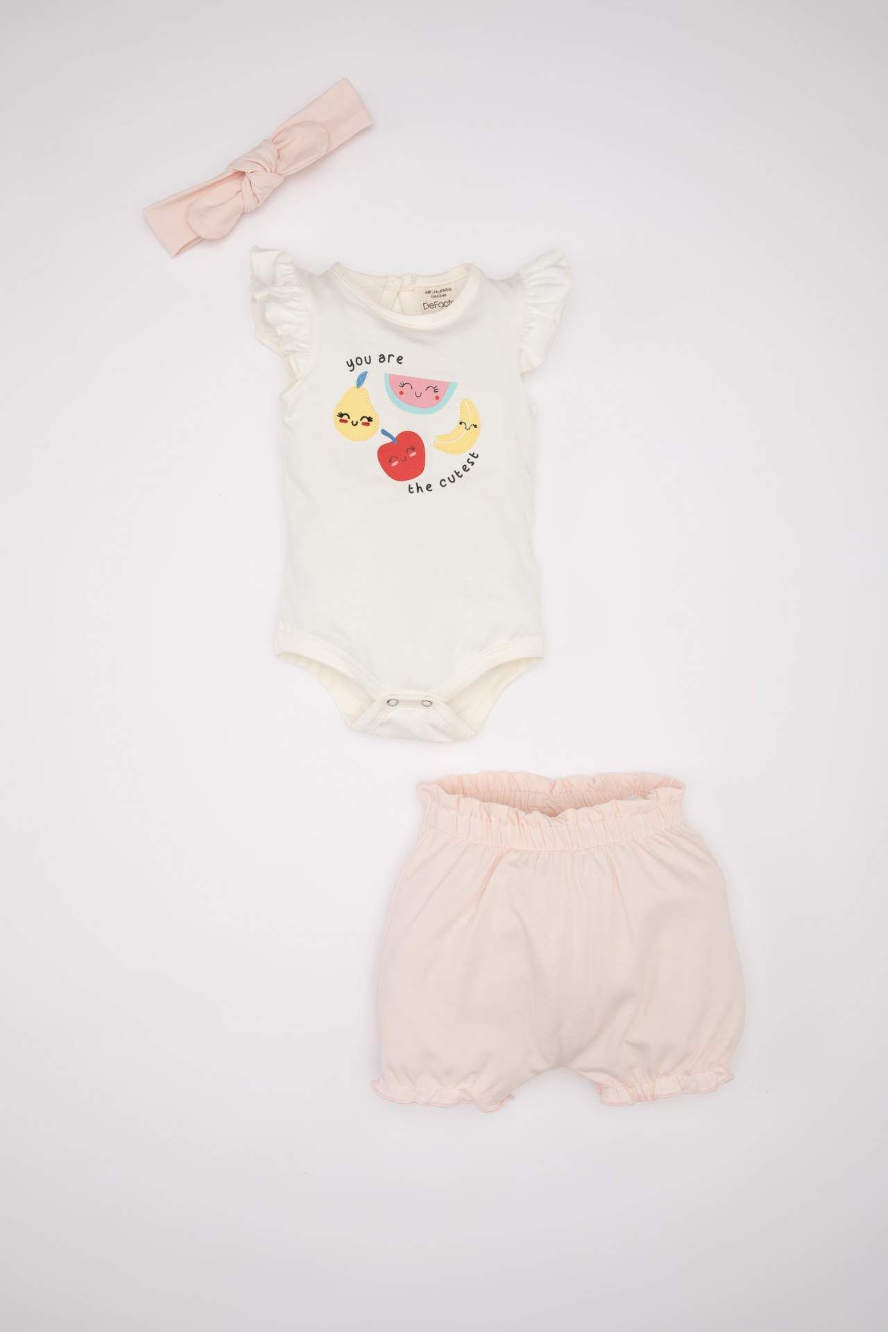 Kız Bebek 3'lü Takım Meyve Desenli Penye Kısa Kollu Çıtçıtlı Body Şort Saç Bandı