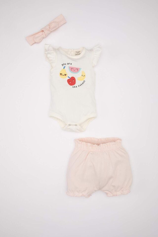 Kız Bebek 3'lü Takım Meyve Desenli Penye Kısa Kollu Çıtçıtlı Body Şort Saç Bandı