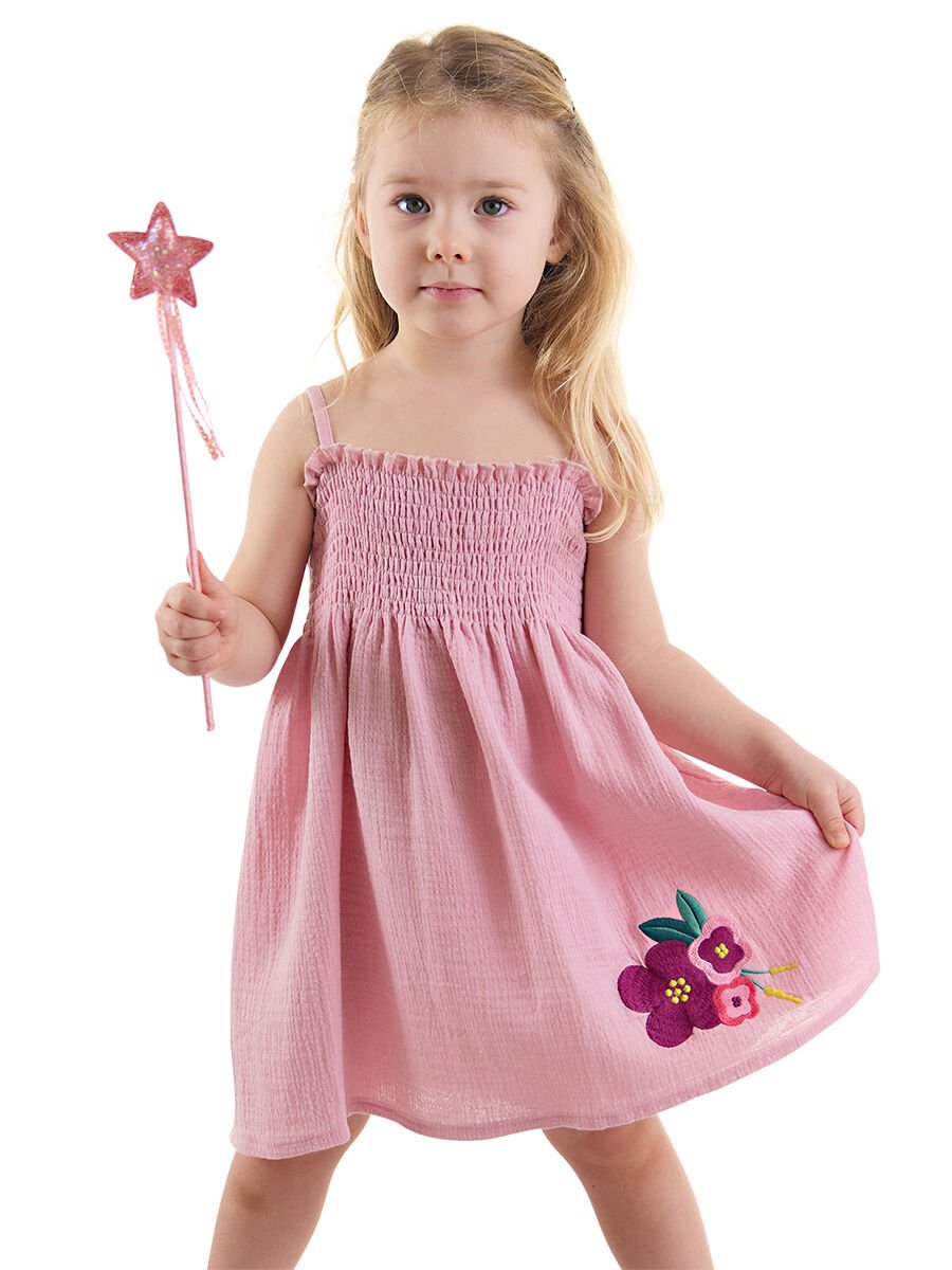 Çiçekli Gülkurusu Kız Bebek Çocuk Müslin Elbise 12-18 M - Pembe