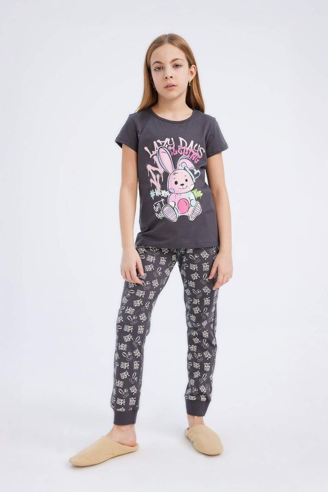 Kız Çocuk Pijama Takımı Bisiklet Yaka Baskılı Kısa Kollu Üst Beli Lastikli Desenli Uzun Alt