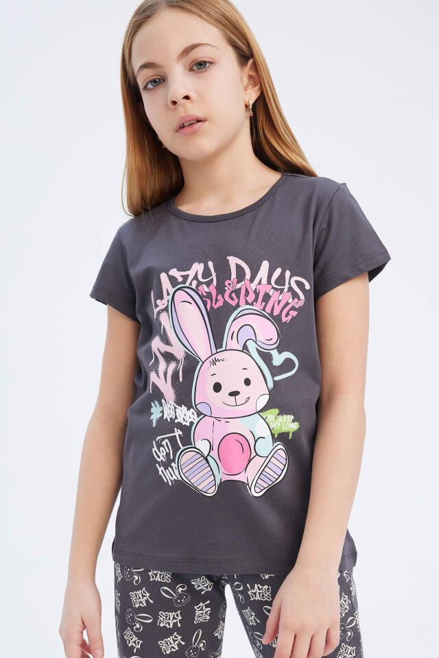 Kız Çocuk Pijama Takımı Bisiklet Yaka Baskılı Kısa Kollu Üst Beli Lastikli Desenli Uzun Alt