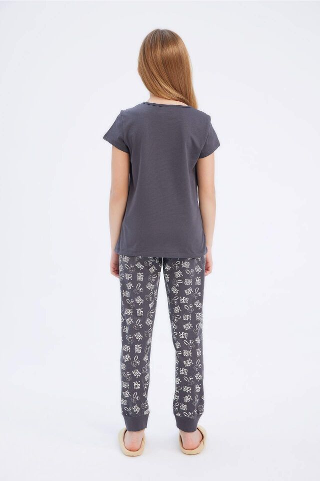 Kız Çocuk Pijama Takımı Bisiklet Yaka Baskılı Kısa Kollu Üst Beli Lastikli Desenli Uzun Alt