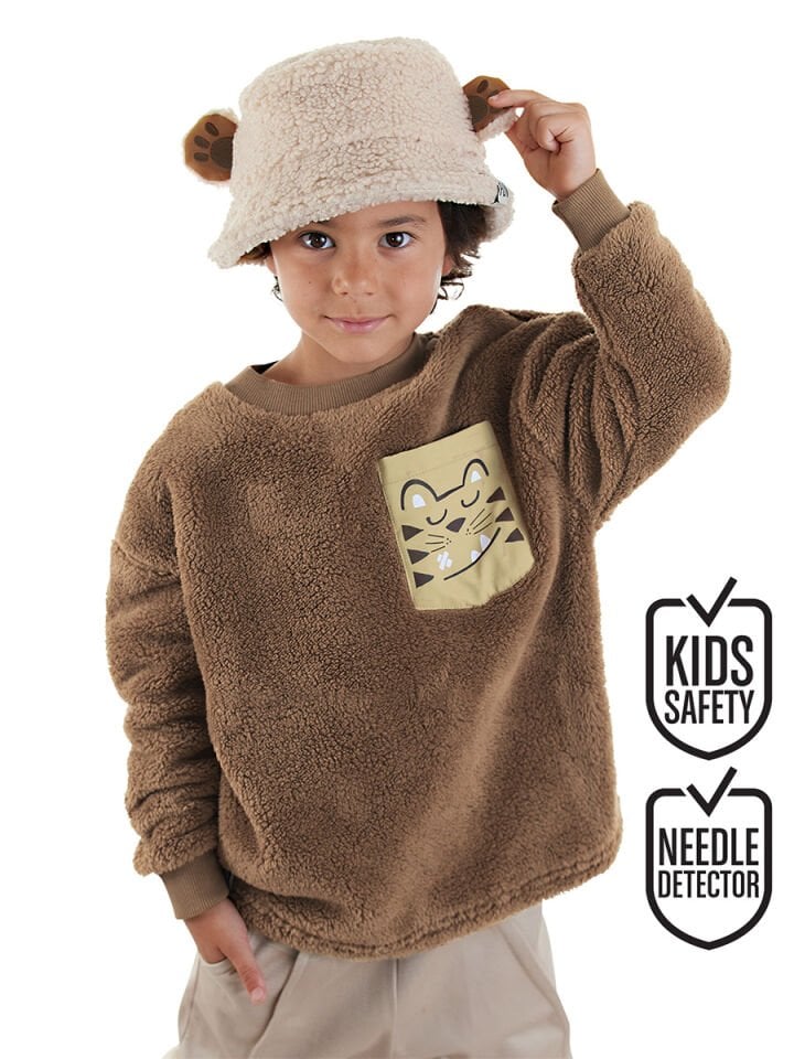 Kaplan Oversize Erkek Çocuk Kahverengi Peluş Sweatshirt