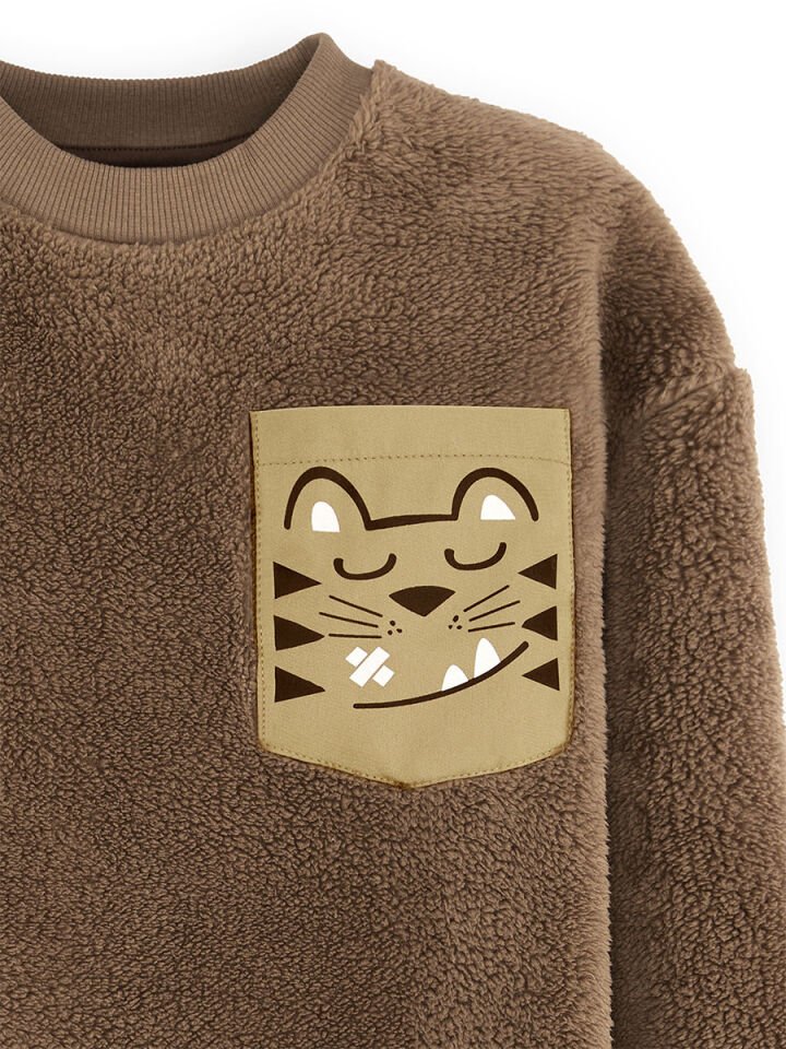 Kaplan Oversize Erkek Çocuk Kahverengi Peluş Sweatshirt