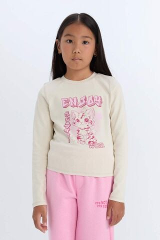 Kız Çocuk Cropped Fit Bisiklet Yaka Baskılı Fitilli Kaşkorse Uzun Kollu Tişört