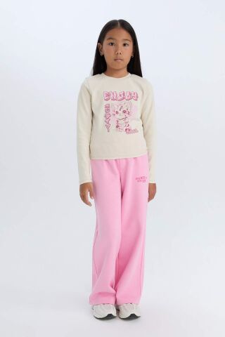 Kız Çocuk Cropped Fit Bisiklet Yaka Baskılı Fitilli Kaşkorse Uzun Kollu Tişört