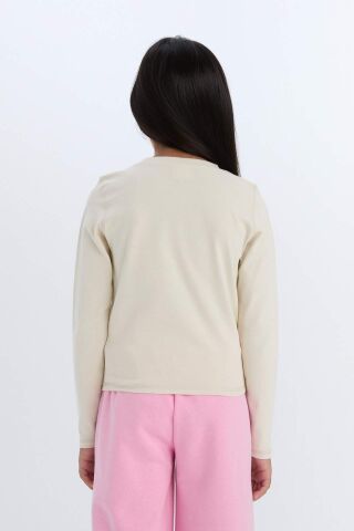 Kız Çocuk Cropped Fit Bisiklet Yaka Baskılı Fitilli Kaşkorse Uzun Kollu Tişört