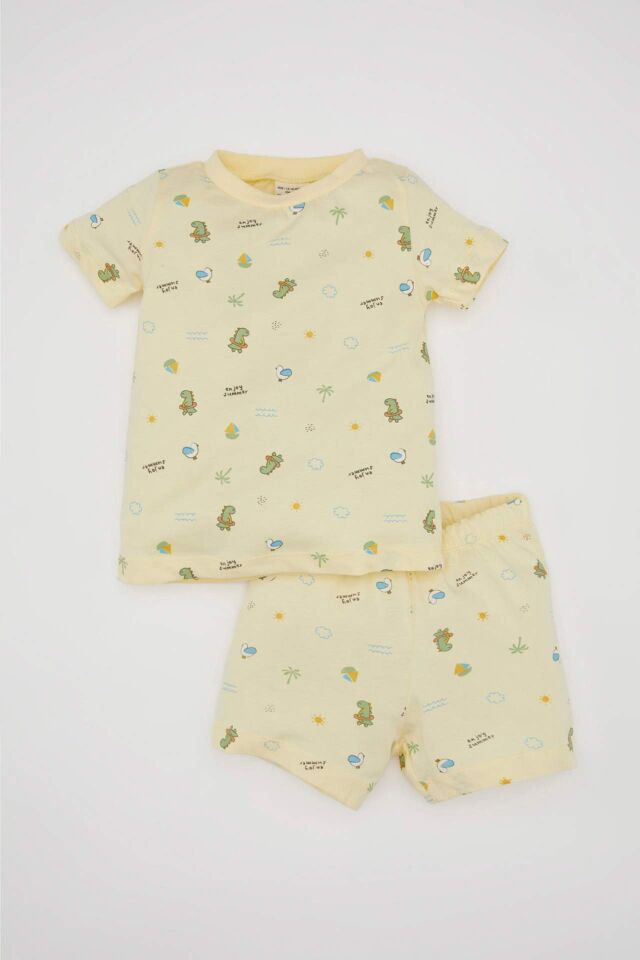 Erkek Bebek Pijama Takımı Dinazor Desenli Penye Kısa Kollu Üst Şort