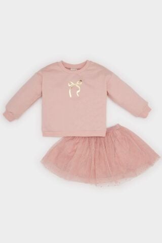 Kız Bebek 2'li Takım Bisiklet Yaka Parlak Baskılı Sweatshirt Tütü Etek
