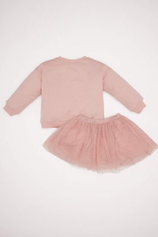 Kız Bebek 2'li Takım Bisiklet Yaka Parlak Baskılı Sweatshirt Tütü Etek