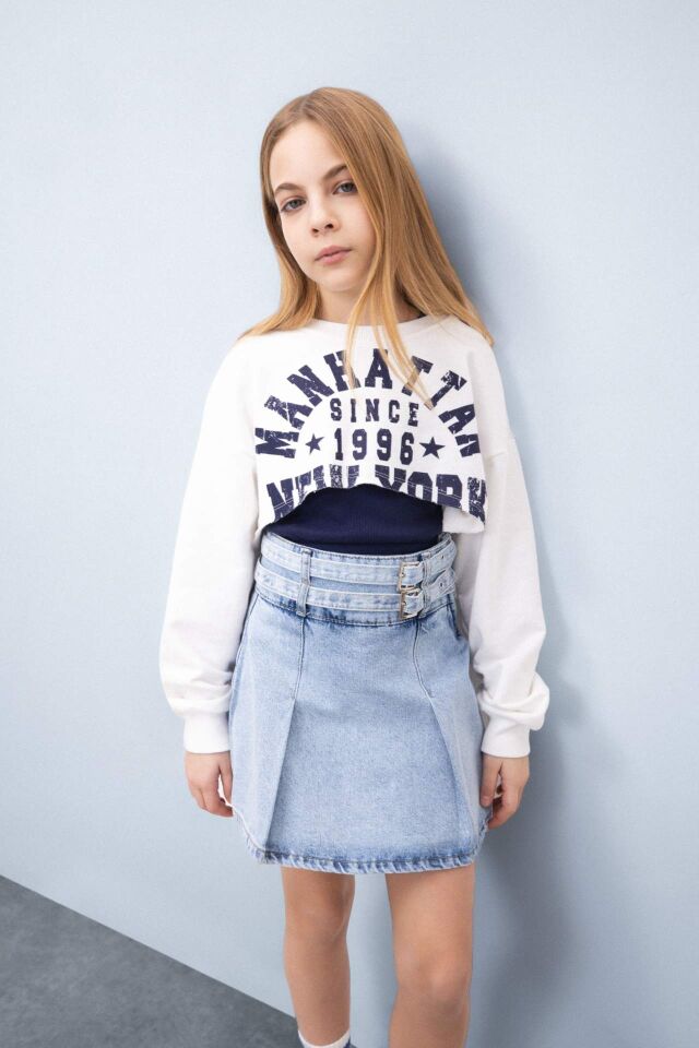 Kız Çocuk Crop Bisiklet Yaka Baskılı Sweatshirt