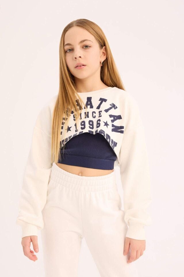 Kız Çocuk Crop Bisiklet Yaka Baskılı Sweatshirt