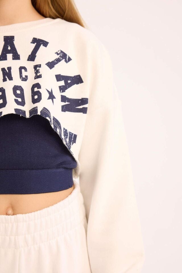 Kız Çocuk Crop Bisiklet Yaka Baskılı Sweatshirt