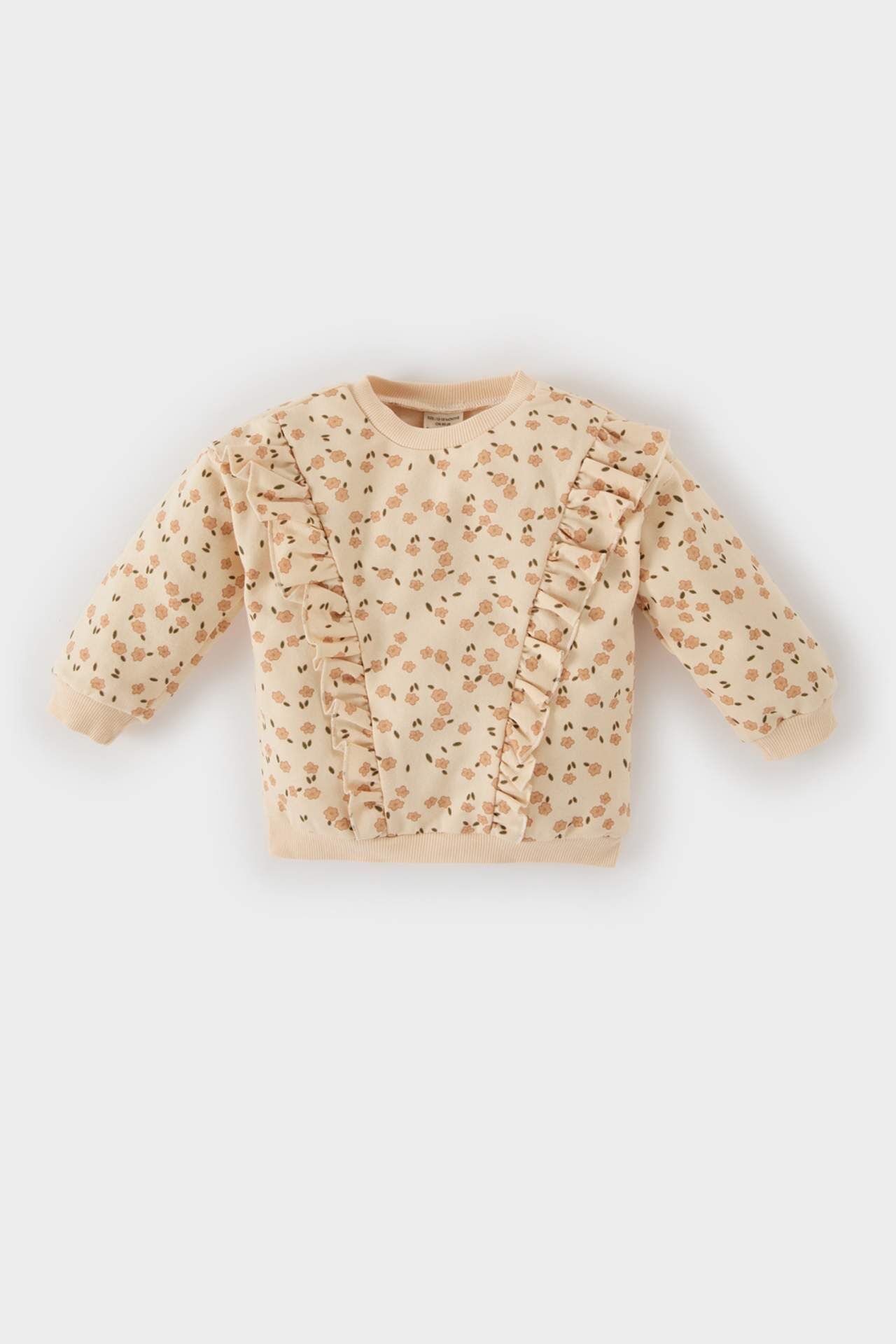 Kız Bebek Bisiklet Yaka Çiçek Desenli İçi Yumuşak Tüylü Sweatshirt