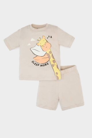 Erkek Bebek Pijama Takımı Zürafa Baskılı Kısa Kollu Penye Üst Şort