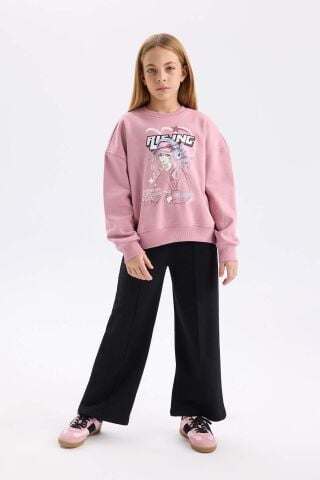 Kız Çocuk Oversize Geniş Kalıp Bisiklet Yaka Baskılı Sweatshirt