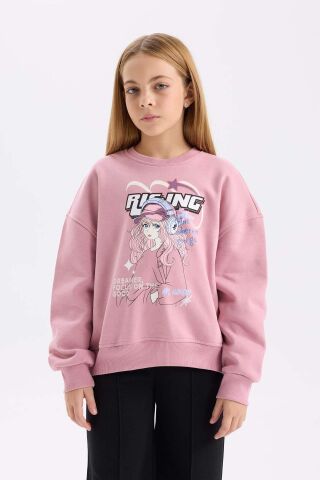Kız Çocuk Oversize Geniş Kalıp Bisiklet Yaka Baskılı Sweatshirt