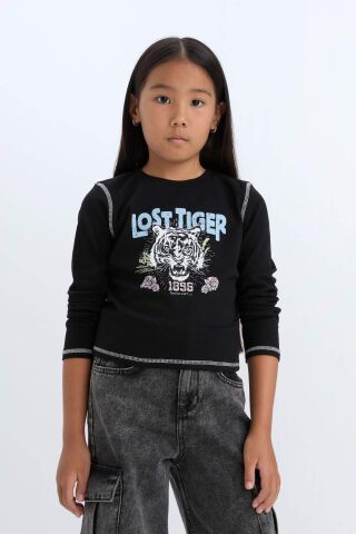 Kız Çocuk Cropped Fit Bisiklet Yaka Baskılı Fitilli Kaşkorse Uzun Kollu Tişört