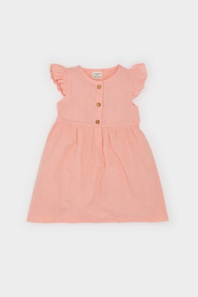 Kız Bebek Basic Düz Kısa Kollu Flamlı Poplin Elbise