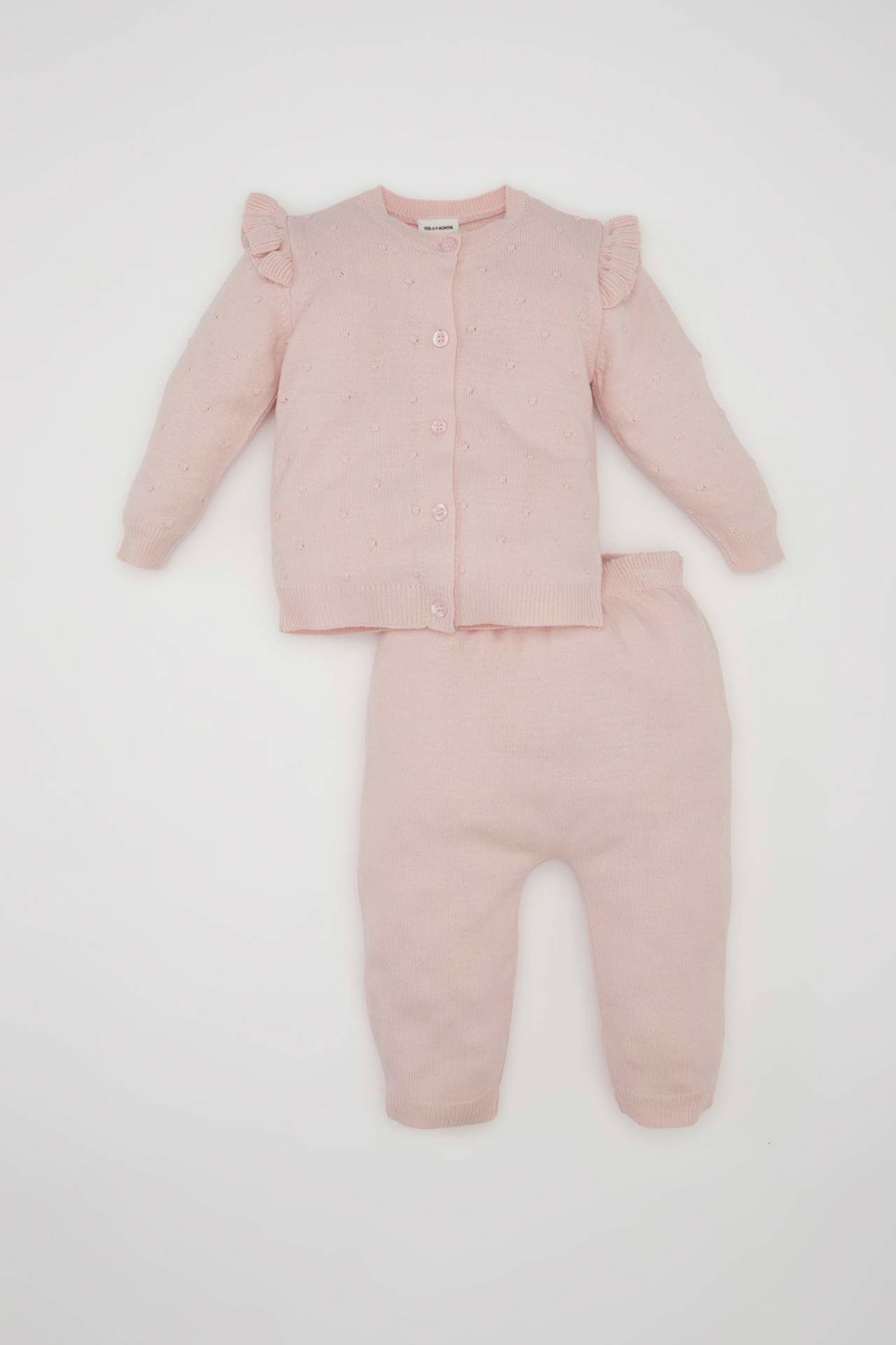 Kız Bebek 2'li Takım Uzun Kollu Düğmeli Hırka Üst Beli Lastikli Alt
