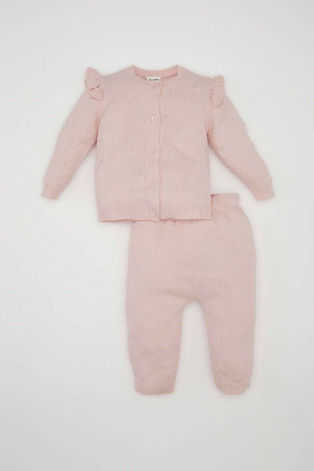 Kız Bebek 2'li Takım Uzun Kollu Düğmeli Hırka Üst Beli Lastikli Alt