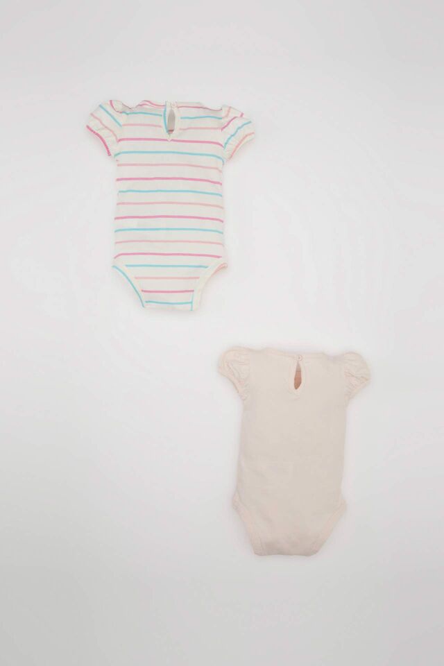 Kız Bebek Yenidoğan Bisiklet Yaka Çizgili Penye 2'li Kısa Kollu Çıtçıtlı Body