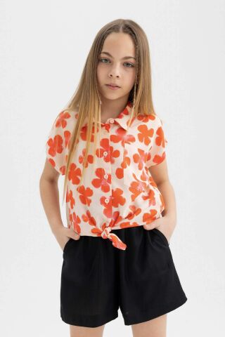 Kız Çocuk Crop Desenli Kısa Kollu Gömlek