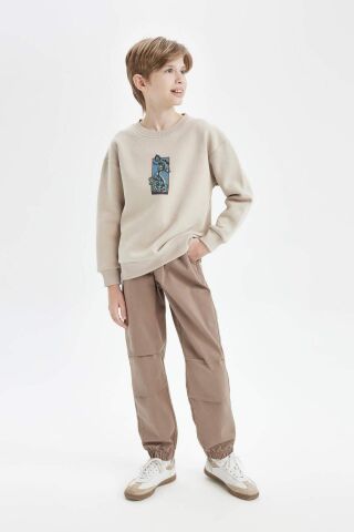 Erkek Çocuk Bağcıklı Beli ve Paçası Lastikli Cepli Jogger Gabardin Pantolon