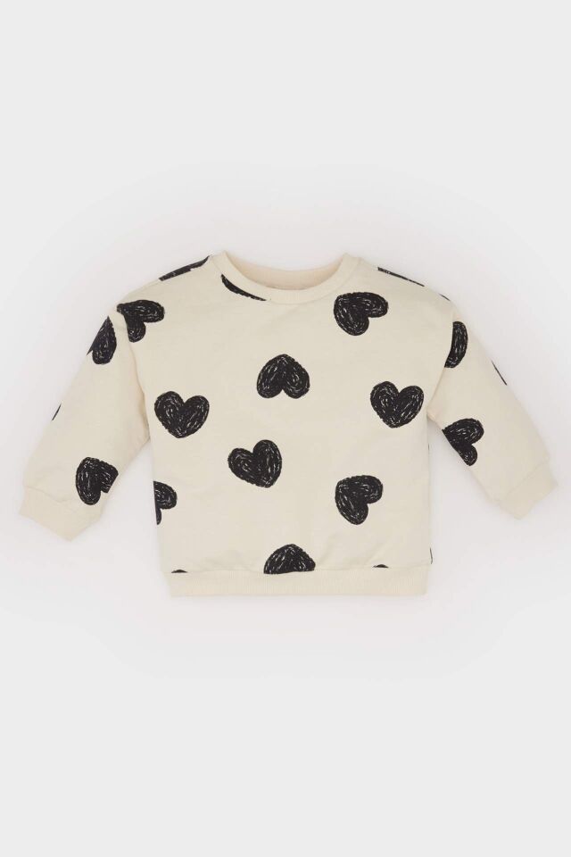 Kız Bebek Bisiklet Yaka Kalp Desenli Sweatshirt